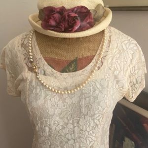 Lace MIDI Flowing Cream Color Dress with Attached Slip Cap Sleeves Cool Comfort